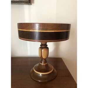 Inlaid Wood Fruit Nut Bowl Pedestal Stand Decorative Amish Horse Buggy
